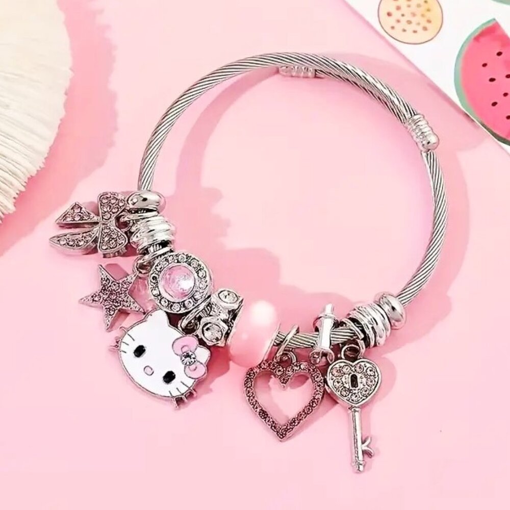 Hello Kitty Charm Bracelet Sanrio Rhinestone Heart Key Emo Beads Stylish Rave